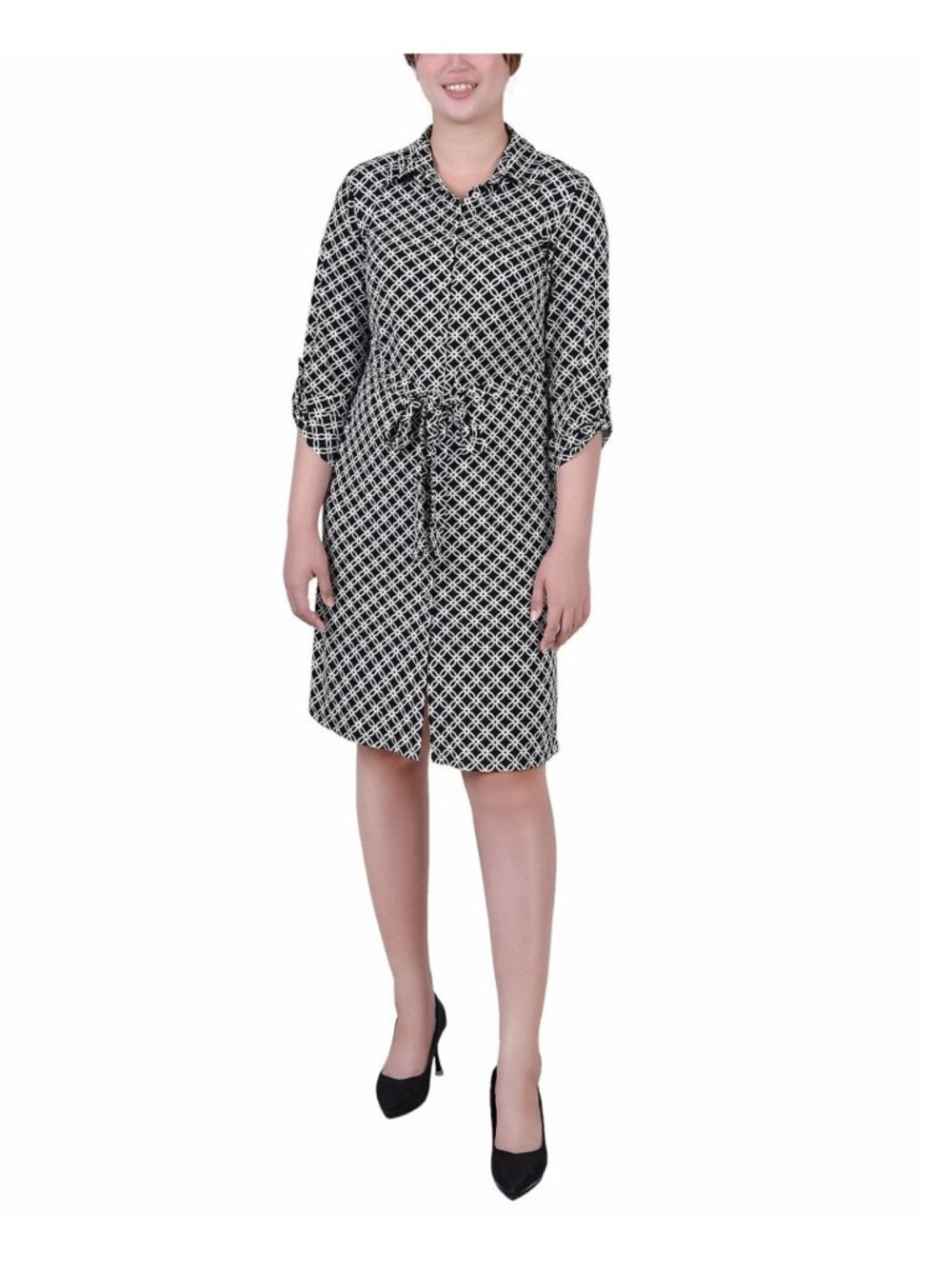 NY Collection Petite Size PL Geometric Sleeve Roll Tab Belt Shirtdress Black $54